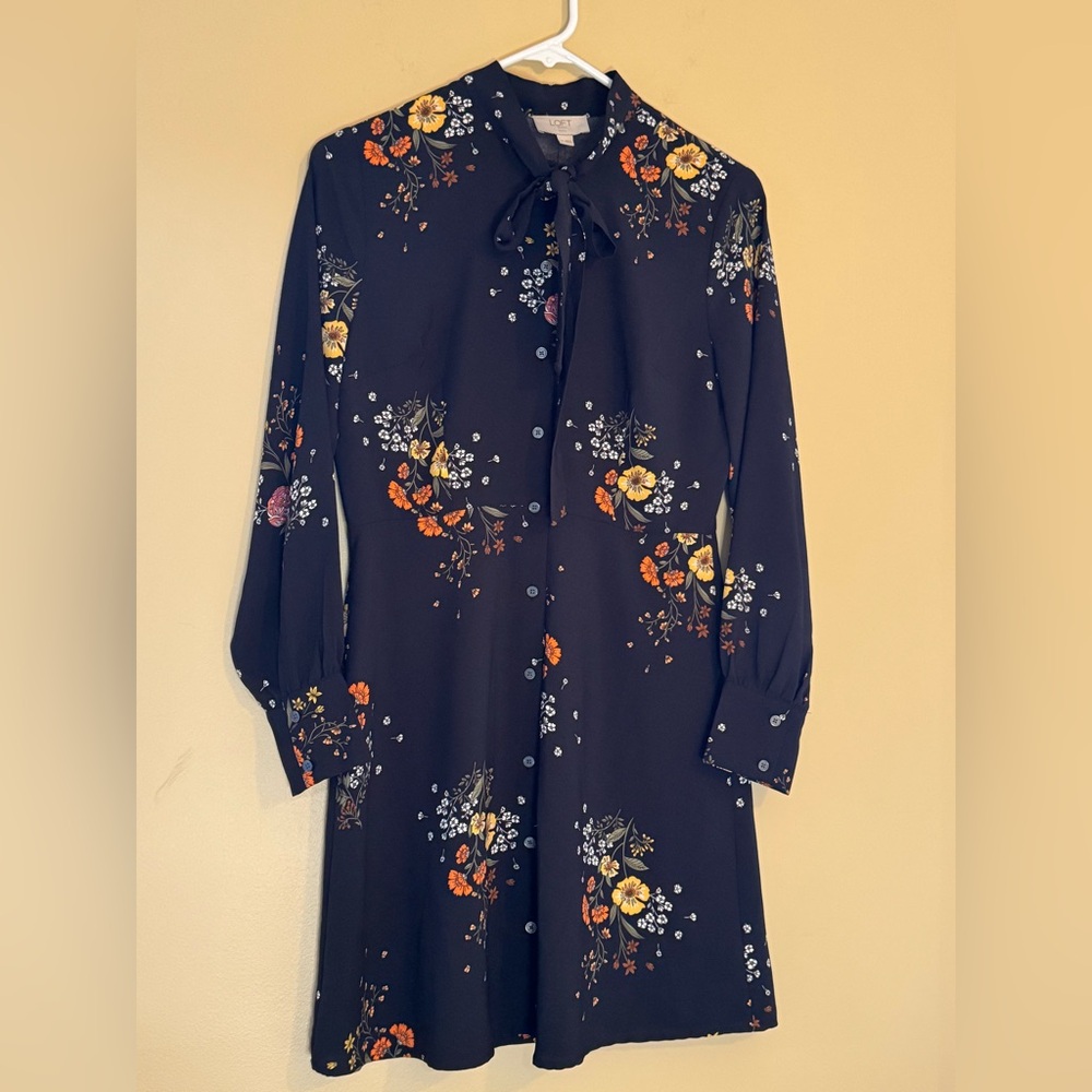 LOFT Dark Floral Long Sleeve Dress